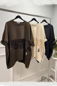 Round Neck , Asymmetric Jumper with Sequined Panel