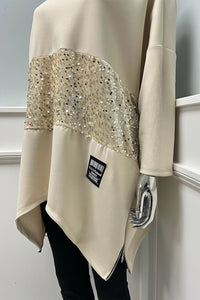 Round Neck , Asymmetric Jumper with Sequined Panel