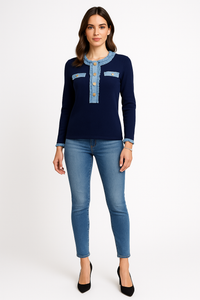 Golden Button & Denim Trim Detailed, Cotton Knitted Ribbed Jumper