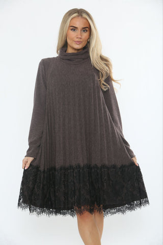 Roll Neck ,Pleated Lace Hem Detailed Dress