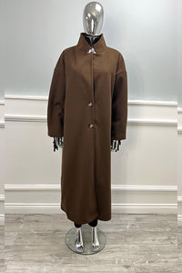 Longline coat with classic notched lapel collar & tiered fringe details at back