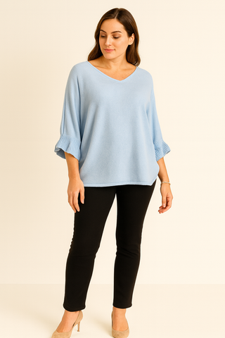 Round Neck, Frill Sleeve, Viscose Knitted Batwing Top