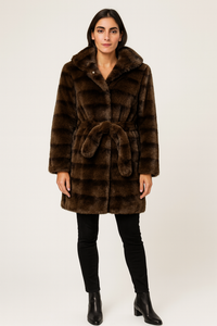 Striped faux fur coat — plush texture, waist-tie finish