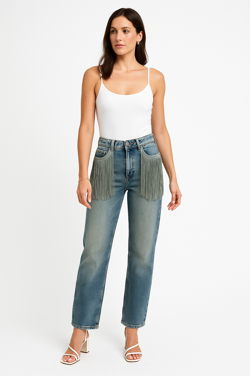 ‘Toxic’ Tessle Detailed, Straight Stretchy Denim Jeans