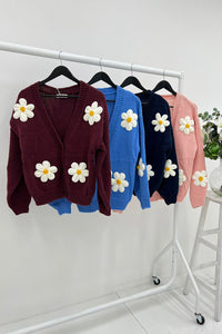 Cardigan – Cozy knit, playful floral details.