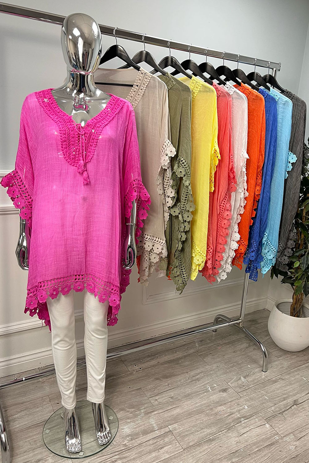 V-Neck, Tassel & Floral Embroidery Detailed, Oversized Kaftan