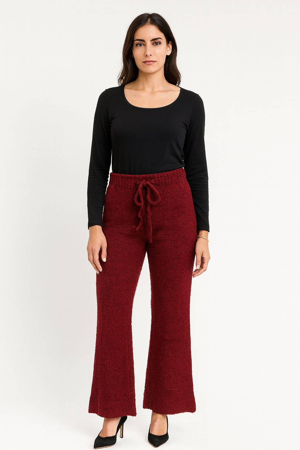 Elasticated Waist, Lana Wool, Viscose & Polymide Knitted Wide Leg Trouser