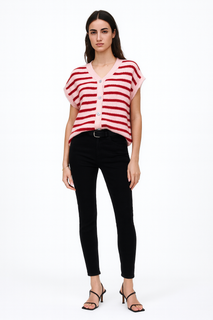 Striped Button-Front Knit Top - Soft Acrylic Blend