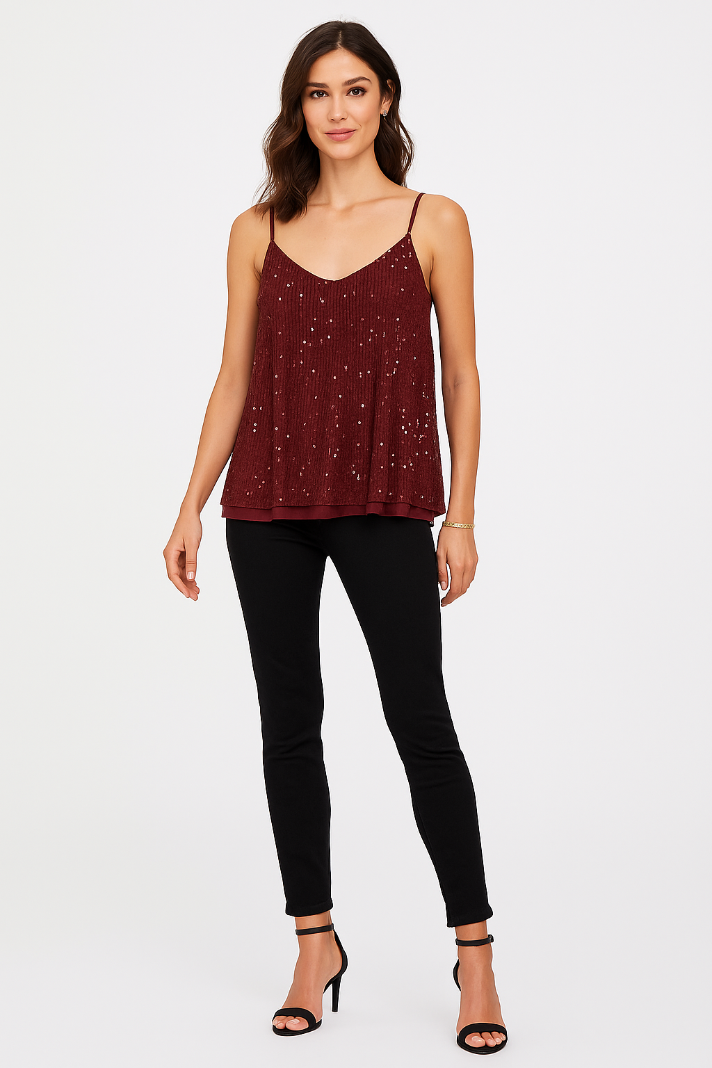 Sequin cami top with delicate straps and fluid drape