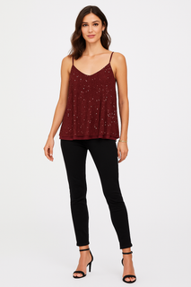 Sequin cami top with delicate straps and fluid drape