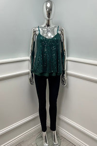 Sequin cami top with delicate straps and fluid drape