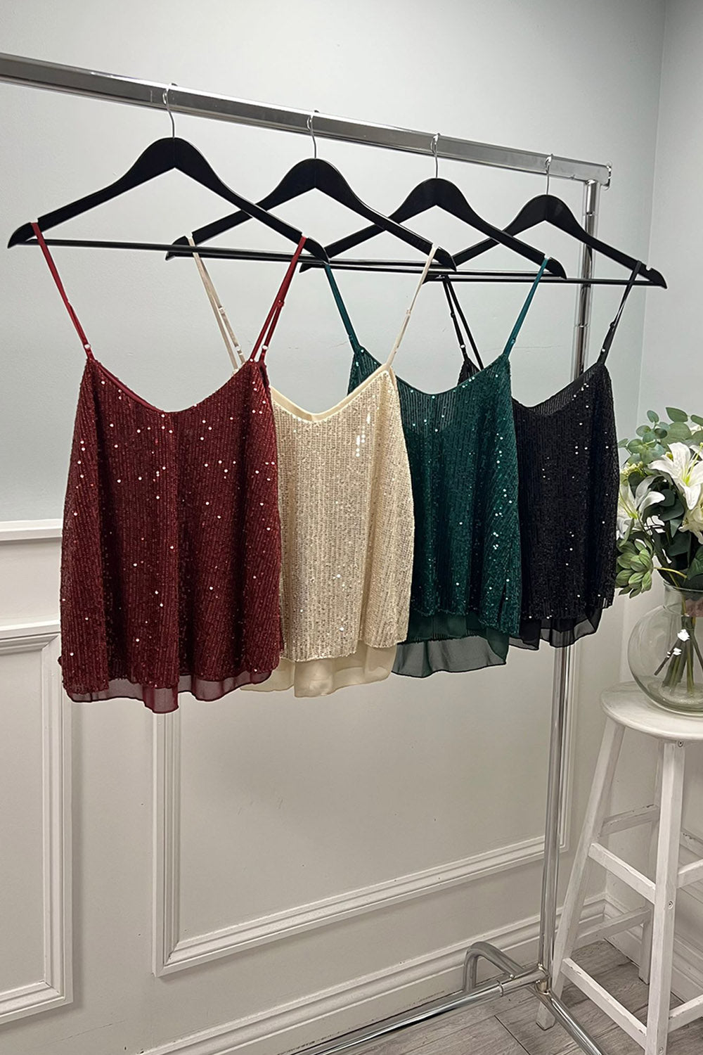 Sequin cami top with delicate straps and fluid drape