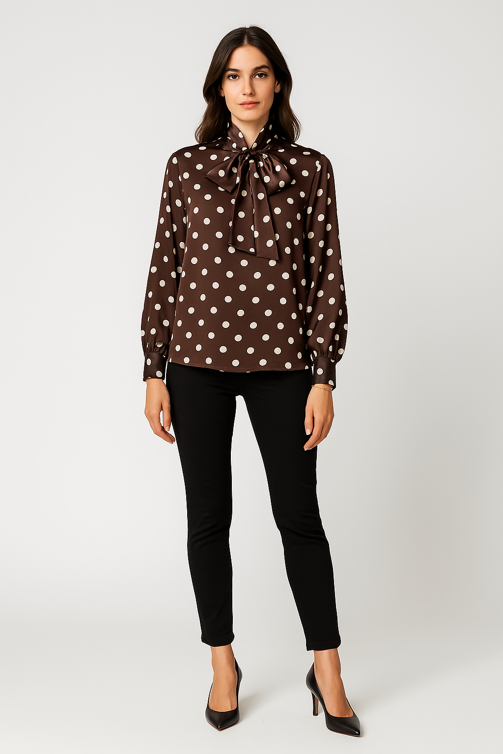 Polka dot bow blouse — silky shine with a bold necktie.