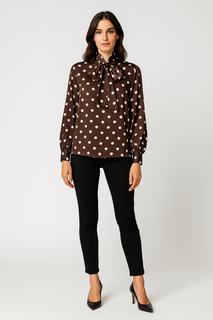 Polka dot bow blouse — silky shine with a bold necktie.