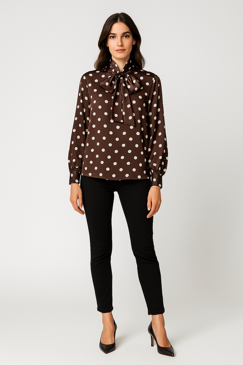 Polka dot bow blouse — silky shine with a bold necktie.