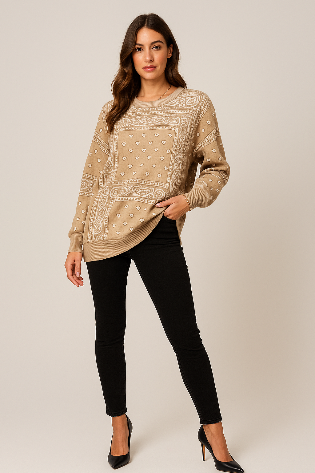 Oversized Bandana Print Sweater, Material: Soft, mid-weight knit