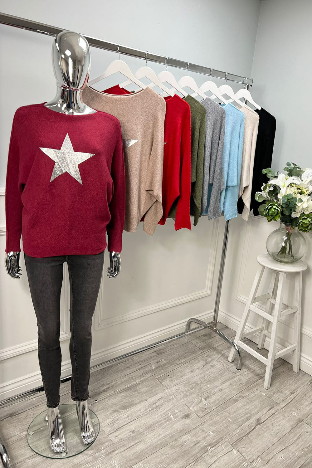 Round Neck, Foil Star ⭐ Print Detailed, Batwing Jumper