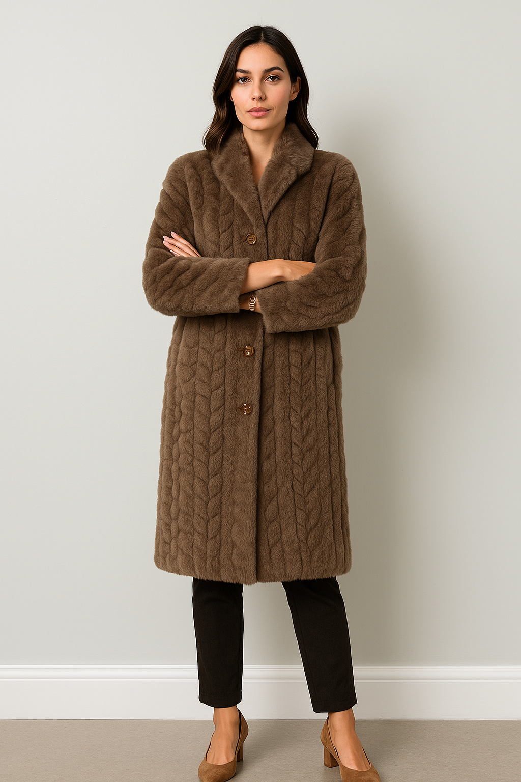 Long Faux Fur Coat – Chocolate Brown Description: cable-knit-inspired texture, a notched lapel collar
