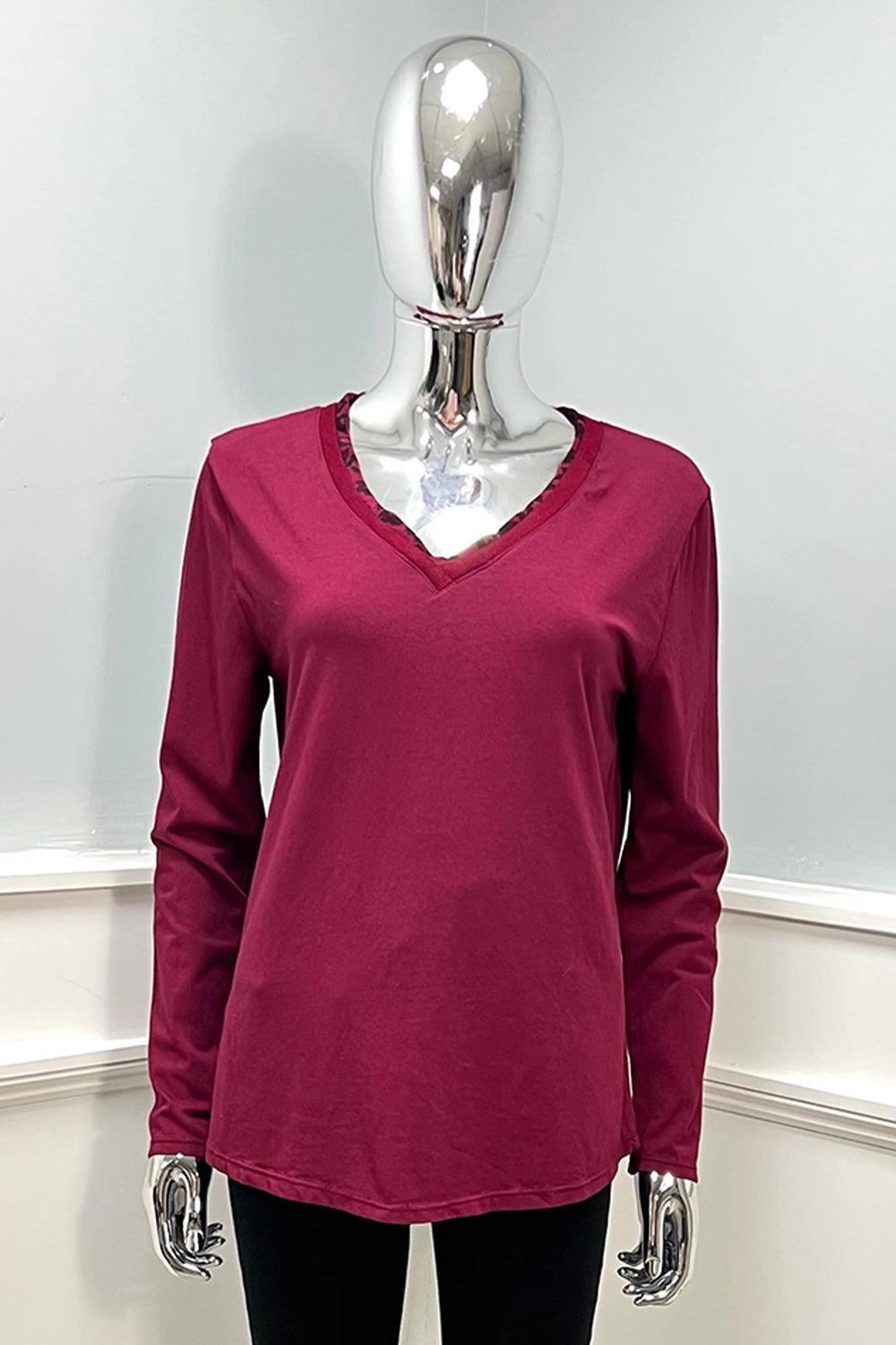 V-Neck, Leopard Print Trim Detailed, 100% Cotton Top