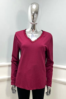V-Neck, Leopard Print Trim Detailed, 100% Cotton Top