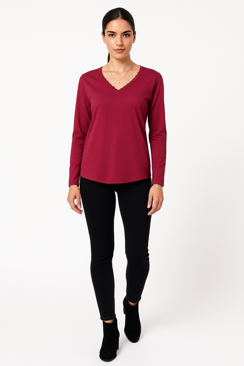 V-Neck, Leopard Print Trim Detailed, 100% Cotton Top