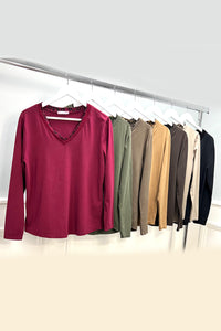V-Neck, Leopard Print Trim Detailed, 100% Cotton Top