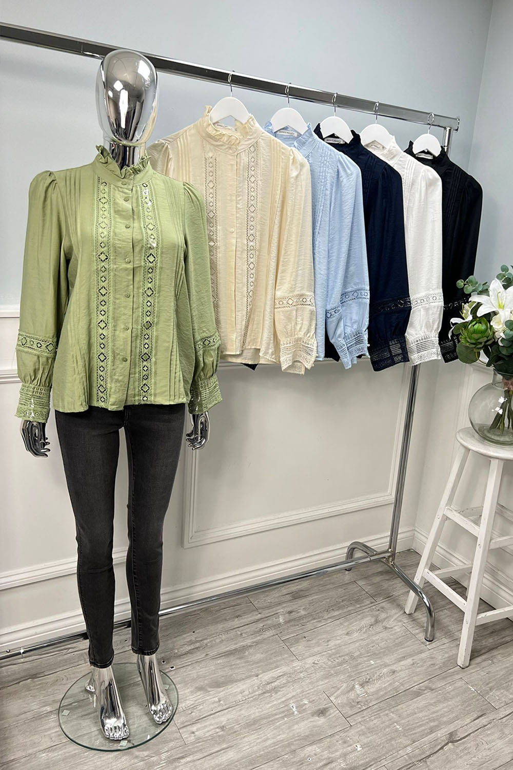 High Neck, Button Through, Crochet Detailed, Viscose Top