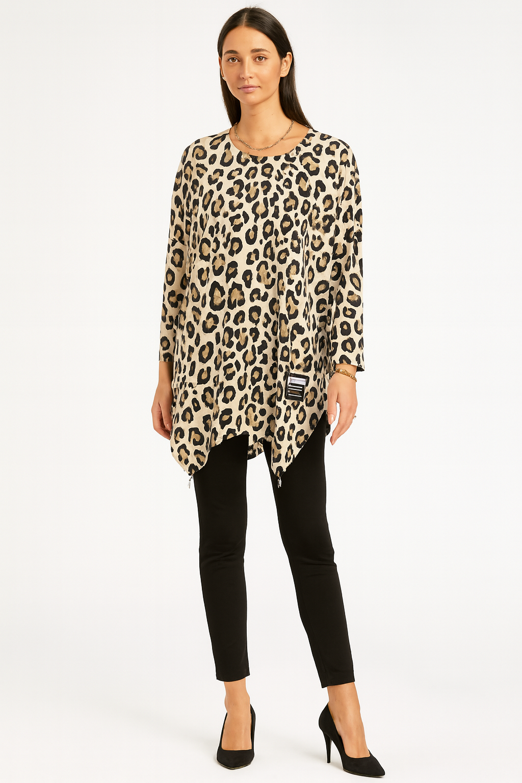 Leopard Tunic - Flowy asymmetric tunic with a bold leopard print and zip-detailed hem
