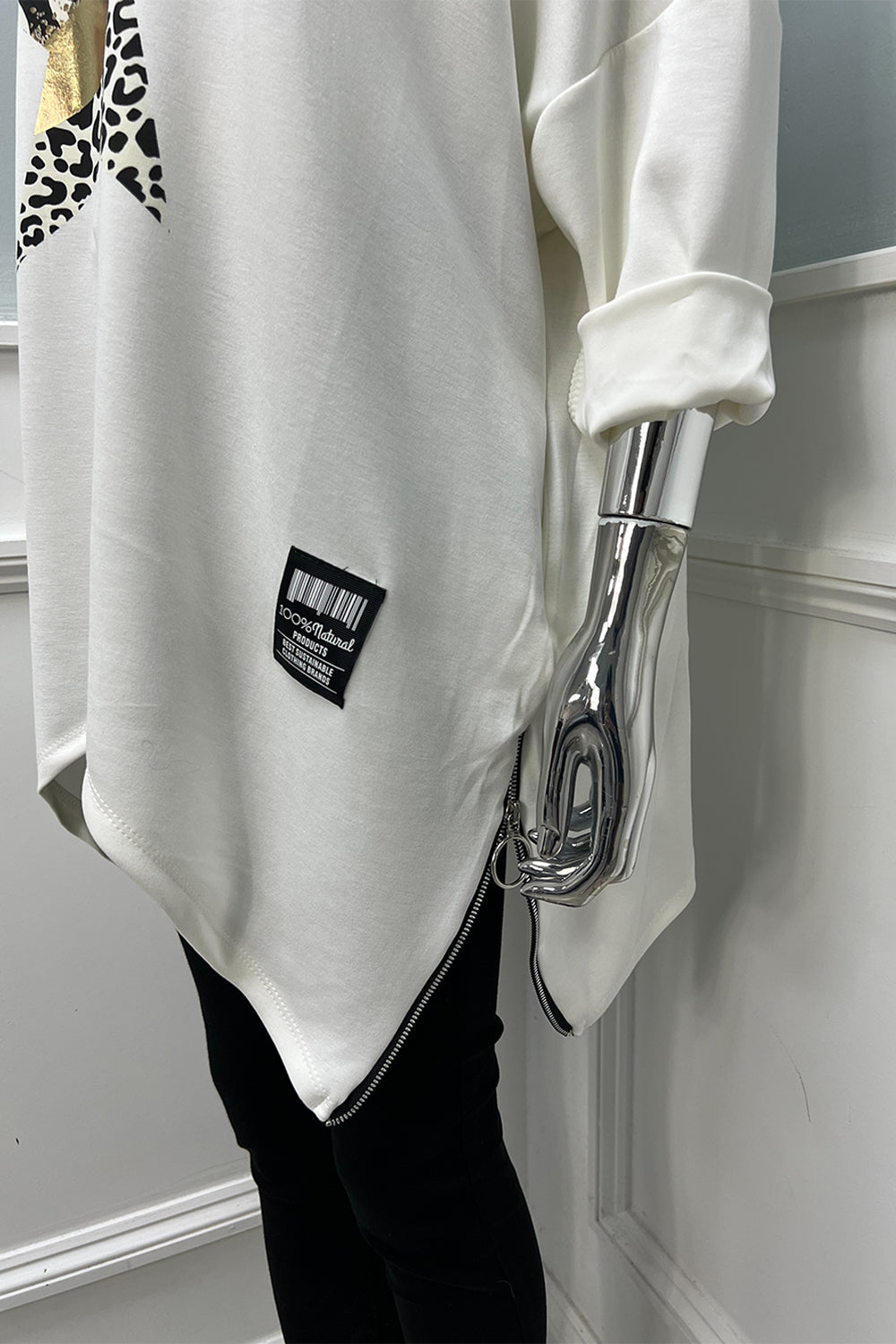 Round Neck, Star ⭐ Foil Print & Side Zip Hem Detailed, 100% Cotton, Two Pocket Oversized Top