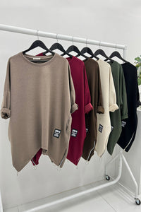Round Neck, Zip Detailed Hem, Two Pocket Oversized Jumper.