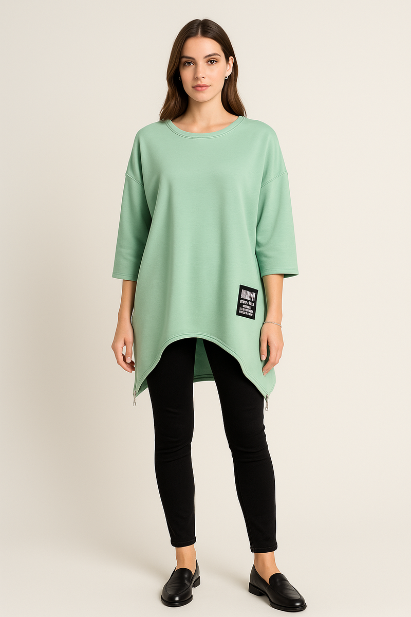 Round Neck, Zip Detailed Hem, Two Pocket Oversized Jumper.
