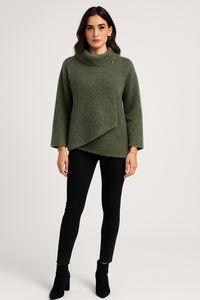 Asymmetrical Buttoned Wool-Blend Sweater - Fabric: Wool-Blend Knit