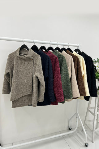 Asymmetrical Buttoned Wool-Blend Sweater - Fabric: Wool-Blend Knit