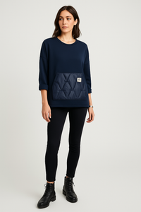 Navy quilt pocket sweatshirt — sporty-chic comfort with a bold textured front detail.