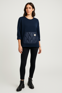 Navy quilt pocket sweatshirt — sporty-chic comfort with a bold textured front detail.