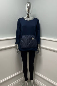 Navy quilt pocket sweatshirt — sporty-chic comfort with a bold textured front detail.