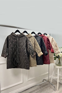 Taupe Quilted Coat – Hooded Zip-Up with 3/4 Sleeves