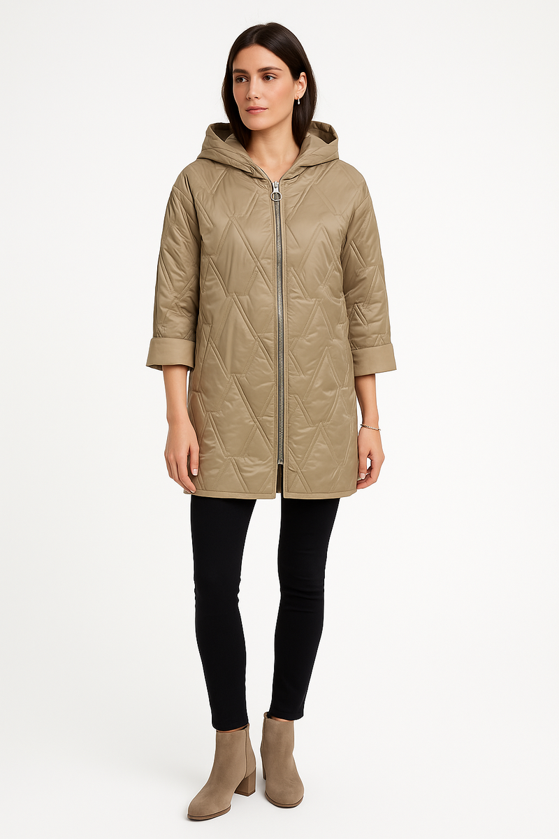 Taupe Quilted Coat – Hooded Zip-Up with 3/4 Sleeves