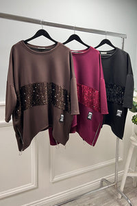 Burgundy Tunic – Sequined Panel with Asymmetric Hem