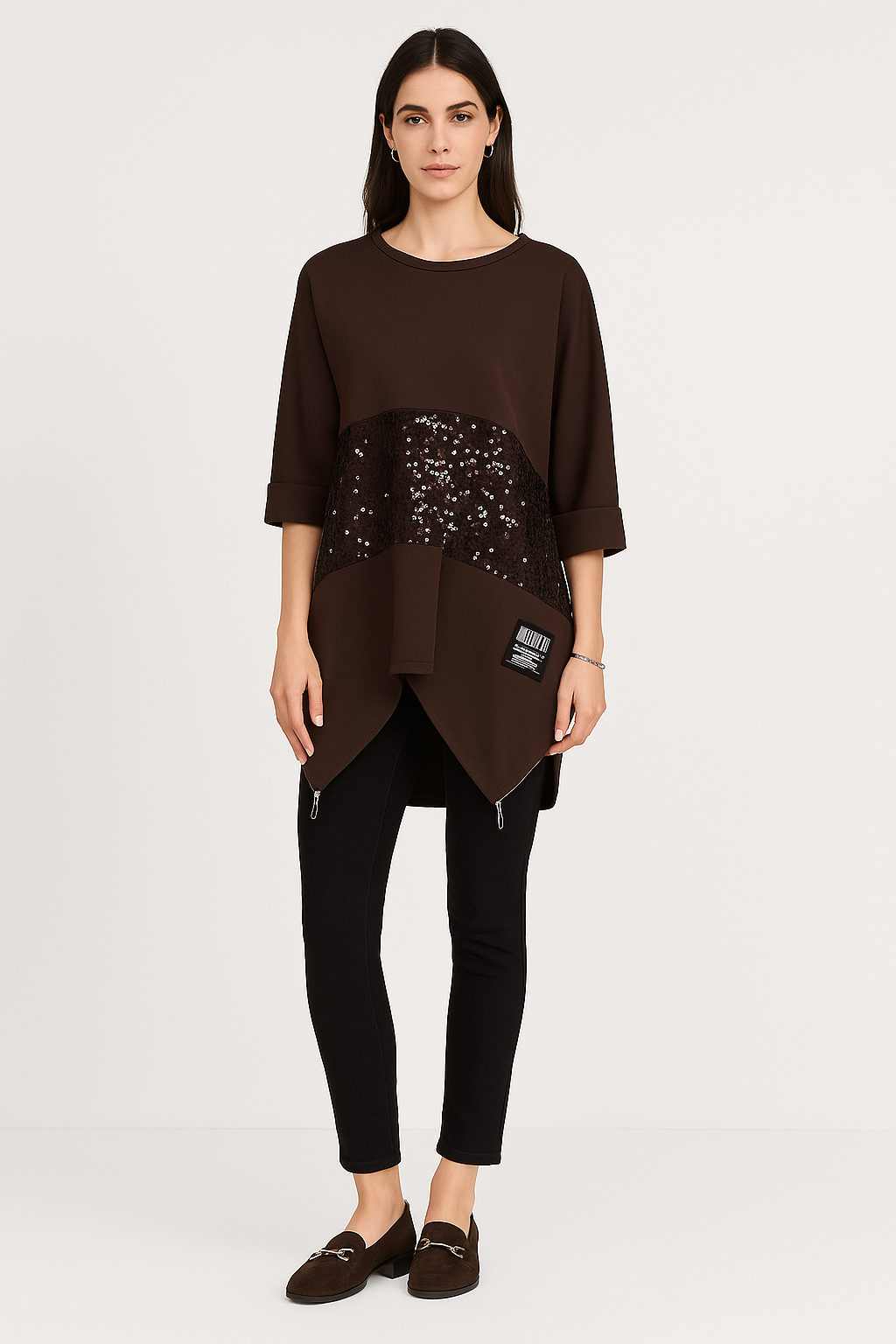 Round Neck , Asymmetric Jumper with Sequined Panel