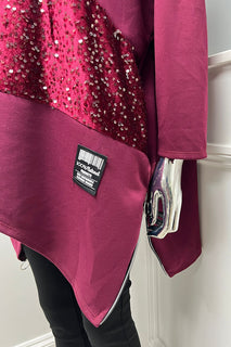 Burgundy Tunic – Sequined Panel with Asymmetric Hem