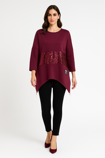 Burgundy Tunic – Sequined Panel with Asymmetric Hem