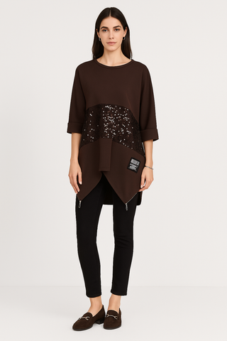 Round Neck , Asymmetric Jumper with Sequined Panel