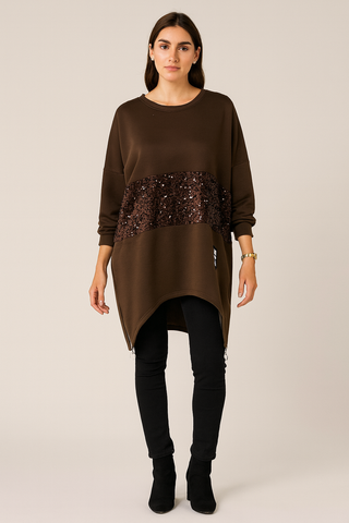 Round Neck , Asymmetric Jumper with Sequined Panel