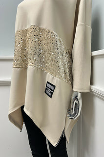 Round Neck , Asymmetric Jumper with Sequined Panel