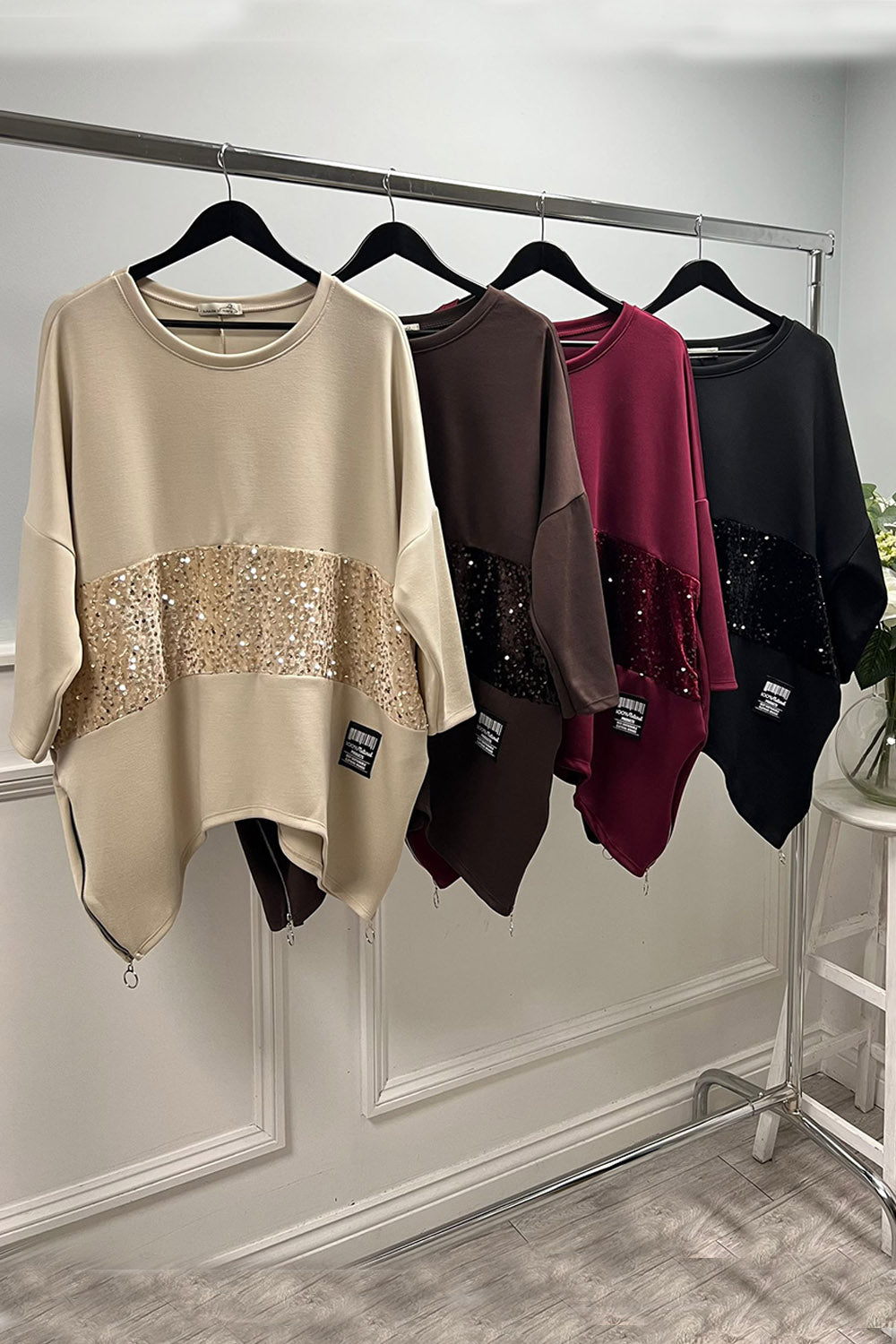 Round Neck , Asymmetric Jumper with Sequined Panel
