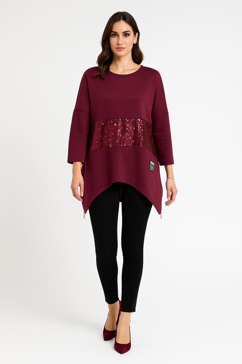 Burgundy Tunic – Sequined Panel with Asymmetric Hem