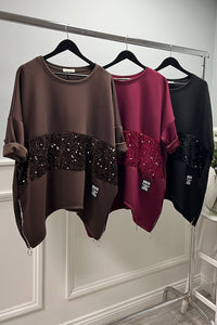 Round Neck , Asymmetric Jumper with Sequined Panel