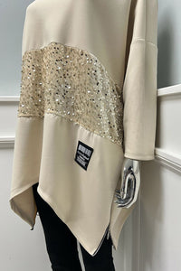 Round Neck , Asymmetric Jumper with Sequined Panel