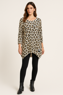 Flowy asymmetric tunic with a bold leopard print and zip-detailed hem